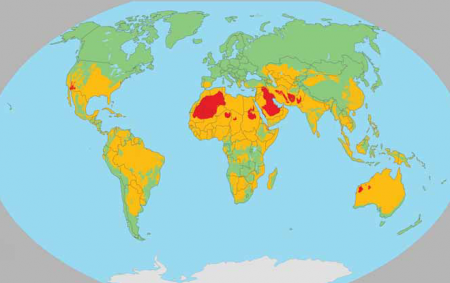 Heiss und heisser. Die Karte gibt die Durchschnittstemperatur im heissesten Monat an: Grün bedeutet unter 30 Grad, gelb ziwschen 30 und 40 Grad und rot über 40 Grad. (Quelle: EIA [5])