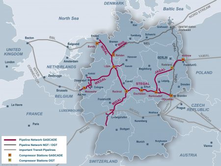 Gazprom, deine Pipelines. Die Gaspipelines NEL und OPAL sowie das Gascade Netzwerk gehören einer 50 /50 Tochter von Gazprom und Wintershall (BASF). (Karte: Gascade)