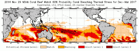 Wüstenbildung 2. Die Korallenbleiche-Vorhersage bis März nächsten Jahres ist rot bis dunkelrot. (Grafik: NOAA)