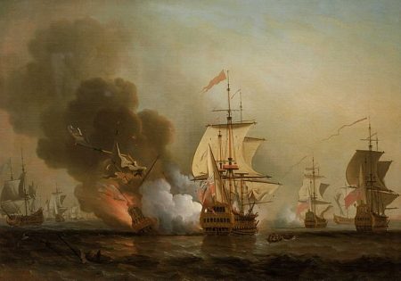 Ausgebootet. Die spanischen Schatzflotten hatten es nicht leicht: Wenn ihnen nicht Stürme den Garaus machten, gab's Piraten oder wie hier die Briten, die nach der Silberladung trachteten. (Bild: 'Action off Cartagena', 28. Mai 1708 von Samuel Scott)