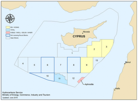 Klare Kante? Die Türkei beansprucht Teile der Blöcke 1, 4, 5, und 7 weil sie mit dem Kontinentalschelf überlappen. (Karte: Zypriotische Regierung)