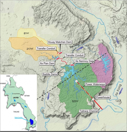Ein Damm zuviel. Mit dem Projekt soll die Kraft zweier Flüsse genutzt werden: dem Namnoy, der Richtung Osten in den Mekong fliesst und dem Pian, der Richtung Süden in den Mekong fliesst. (Karte: Lao Energy [8])