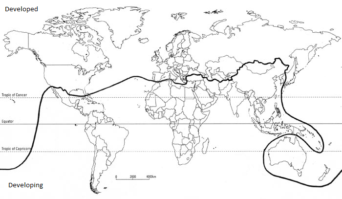 Die Linie. Im Jahr 1980 war die Welt noch nicht so kompliziert wie heute. Eine einfache Zweiteilung erfasst die Charakteristika der Länder gut genug. (Grafik: Jovan.gec / Wikipedia)