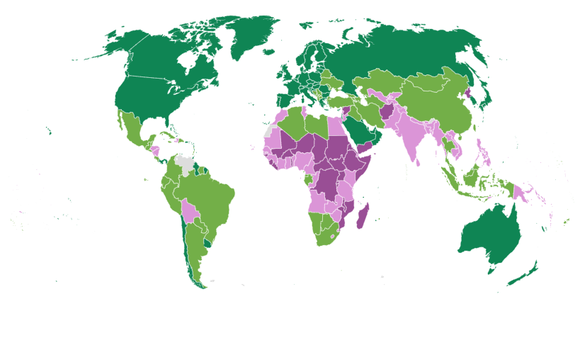 Dynamisch. Die aktuelle Einteilung der Länder in die vier Gruppen der Weltbank nach Einkommen (hoch = dunkelgrün, mittelhoch = hellgrün, mitteltief = hellviolet, tief = violet) (Grafik: Weltbank)